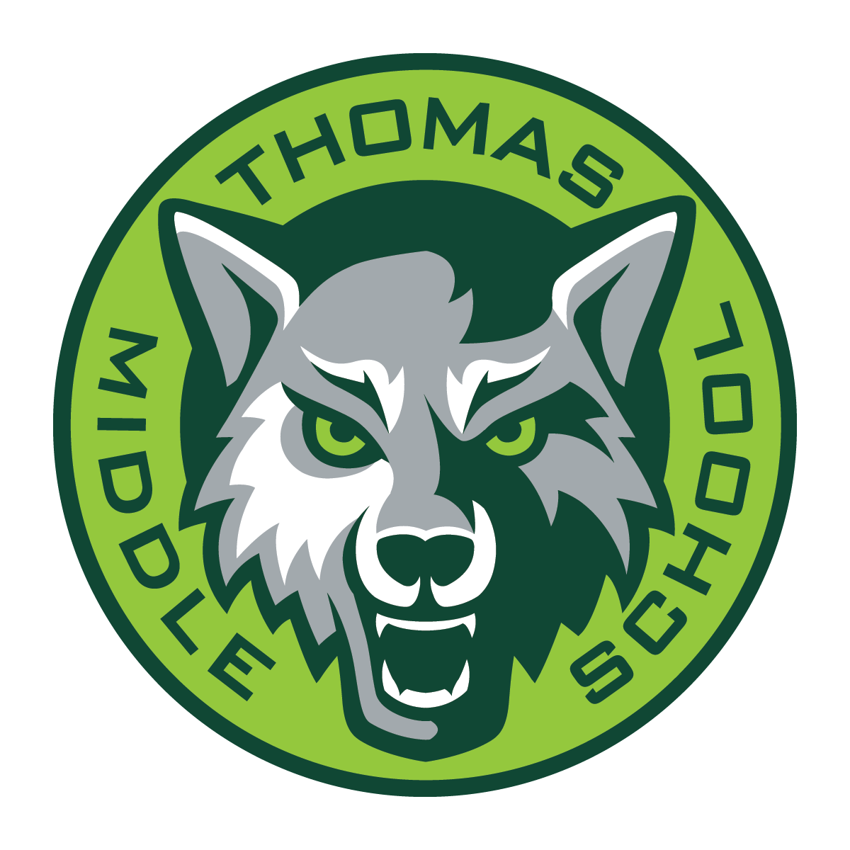 Thomas Middle Schools round logo with the Timberwolf head.